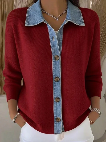 

Women Knitted Multicolor Block Long Sleeve Comfy Casual Cardigan, Red, Sweaters
