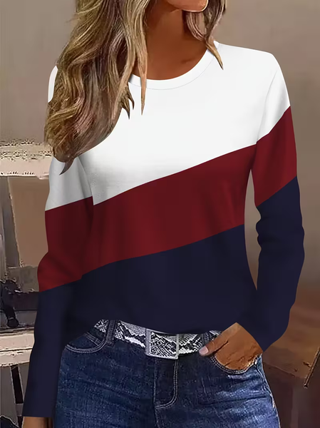

Casual Multicolor Block Crew Neck Long Sleeve T-shirt, As picture, T-shirts