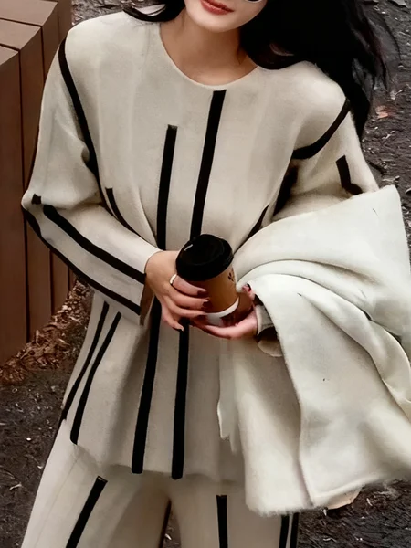 

Casual Asymmetric Striped Crew Neck Loosen Sweater, As picture, Pullovers