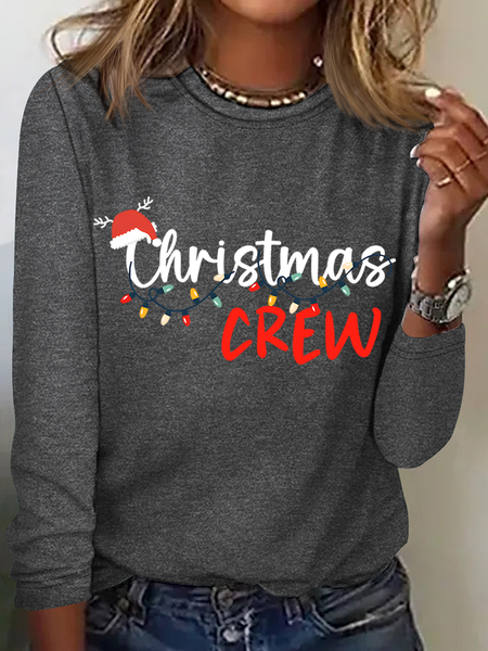 

Casual Christmas Crew Neck Long Sleeve T-shirt, Deep gray, T-shirts