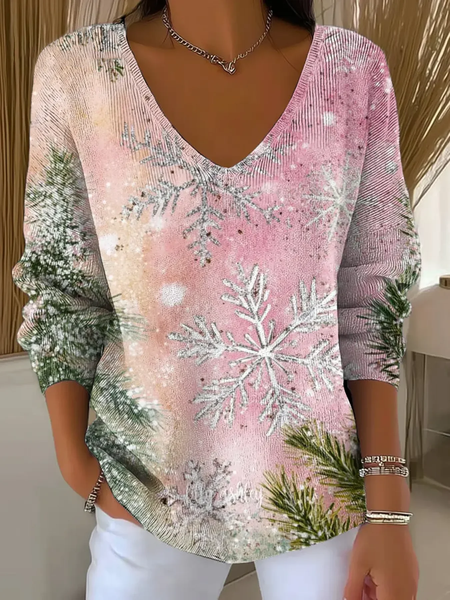 

Casual Christmas V Neck Long Sleeve T-shirt, Pink, Sweaters