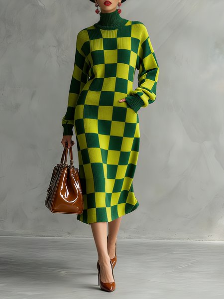 

Elegant Plaid Turtleneck Sweater Midi Dress, Green, Midi Dresses