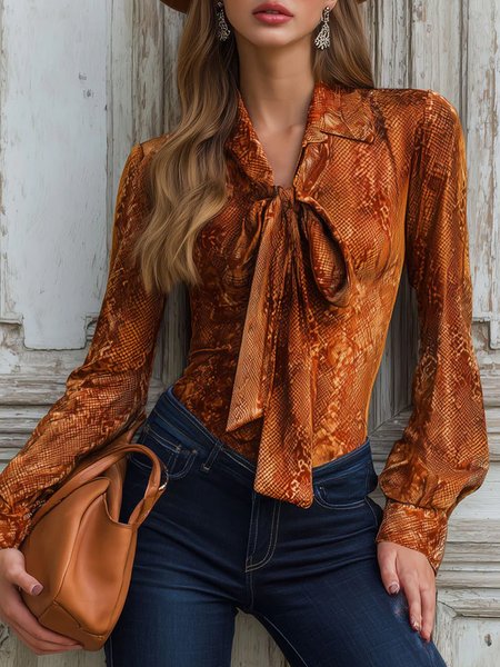 

Urban Snakeskin Printing Lace-up Shirt Collar Blouse, Orange, Blouses and Shirts