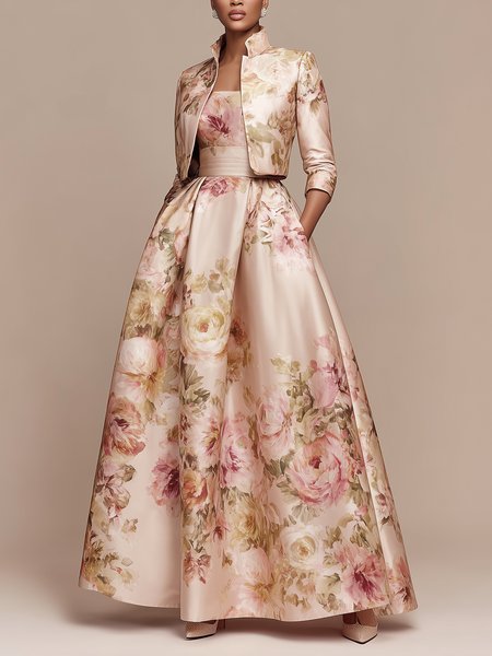 

Elegant Floral Printing Stand Collar Maxi Dress With Coat, Pink, Maxi Dresses