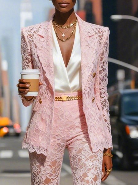 

Lace Elegant Shoulder Pad Plain Lapel Collar Blazer, Pink, Blazers