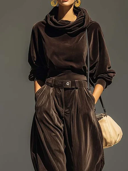 

Velvet Casual Plain Hoodie Blouse, Brown, Blouses and Shirts