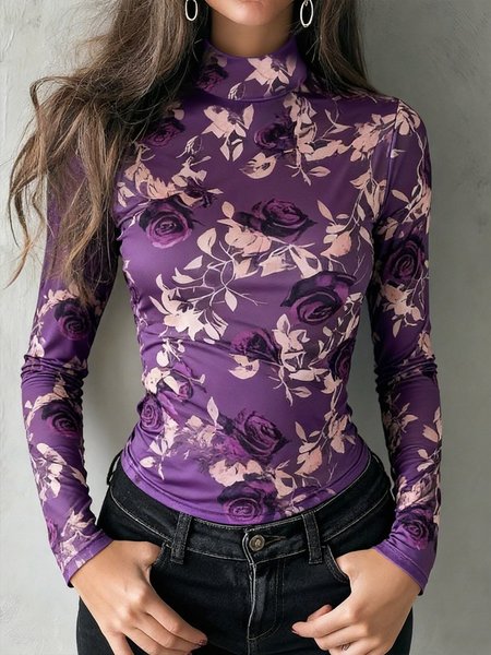 

Casual Floral Printing Stand Collar T-shirt, Purple, Tees