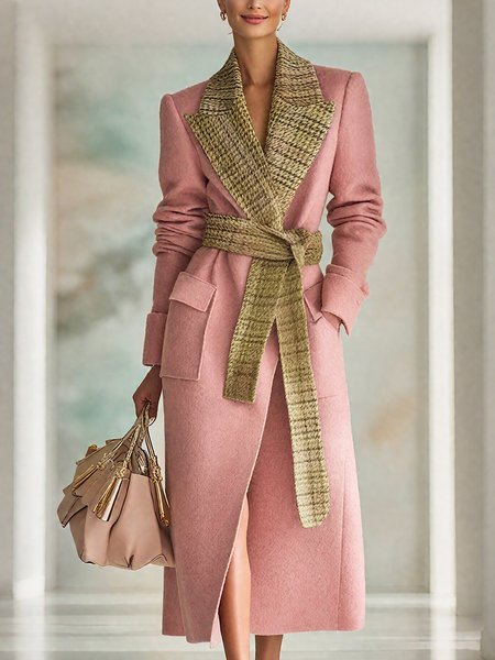 

Urban Printing Plaid Lapel Collar Coat With Belt, Pink, Coats