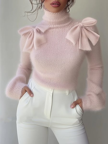 

Elegant Plain Bow Turtleneck Sweater, Pink, Pullovers