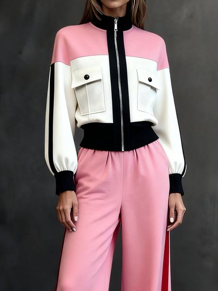 

Casual Color Block Stand Collar Jacket, As picture, Jackets