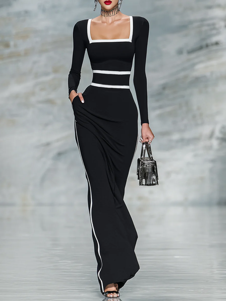 

Elegant Color Block Zipper Square Neck Maxi Dress No Belt, Black-white, Maxi Dresses