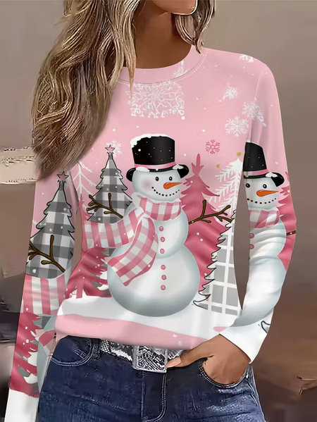 

Women Christmas Snowman Long Sleeve Tee T-shirt Crew Neck Printing Casual Spring/Fall Graphic Tee Top, Pink, T-Shirts