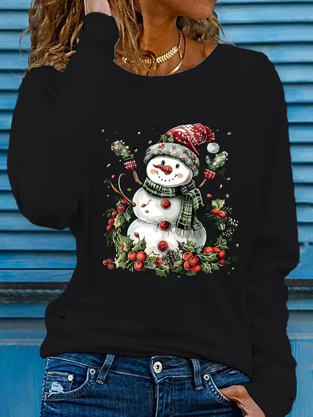 

Women Christmas Snowman Long Sleeve Tee T-shirt Crew Neck Printing Casual Spring/Fall Graphic Tee Top, Black, T-Shirts