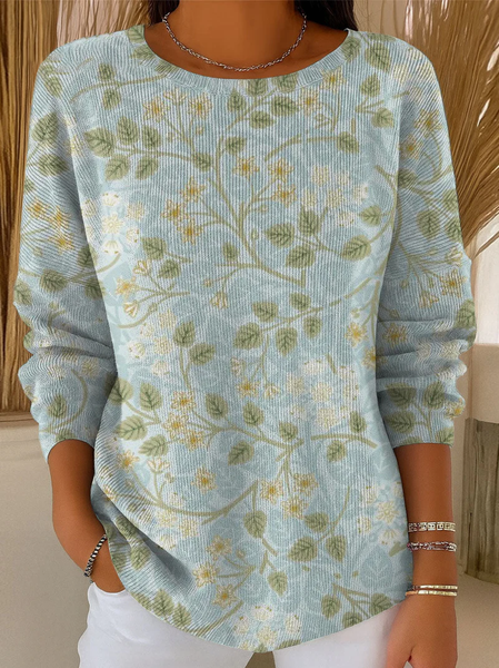 

Women Floral Printing Spring/Fall Casual Long Sleeve Crew Neck Sweater, Blue, Sweaters