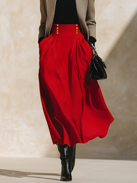 

Elegant Plain Midi Skirt, Red, Skirts