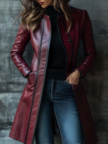 

Urban Pockets Color Block Stand Collar Faux Leather Coat, Wine red, Jackets