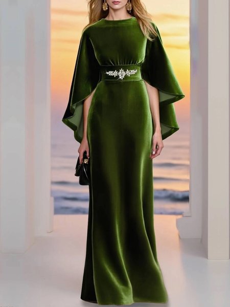 

Elegant Plain Velvet Raglan Sleeves Crew Neck Maxi Dress, Green, Maxi Dresses