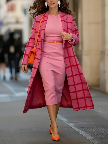 

Elegant Printing Plaid Lapel Collar Coat, As picture, Coats