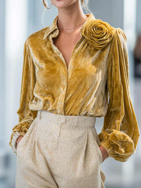 

Velvet Urban Plain 3D Floral Shirt Collar Shirt, Yellow, Blouses and Shirts