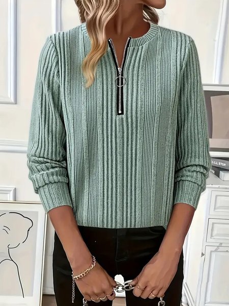 

Casual Plain Zipper Crew Neck Blouse, Aqua, Long Sleeves