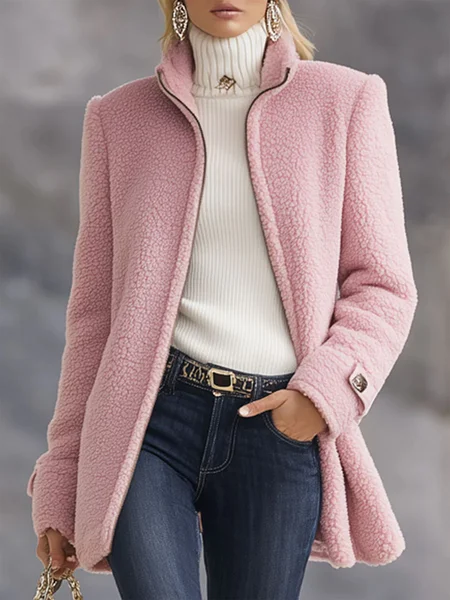 

Casual Plain Stand Collar Teddy Jacket, Pink, Coats