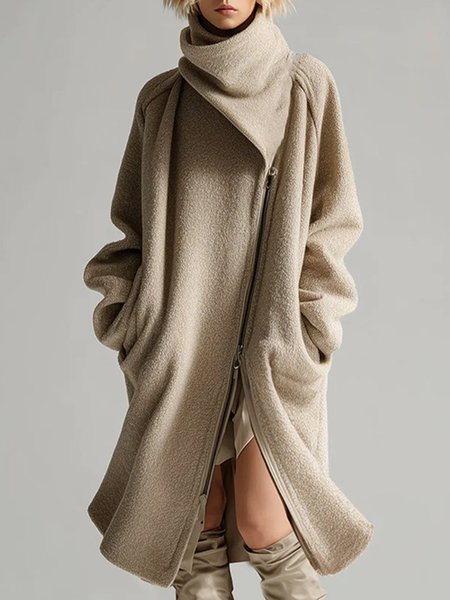 

Urban Regular Sleeve Zipper Plain Turtleneck Coat, Khaki, Coats