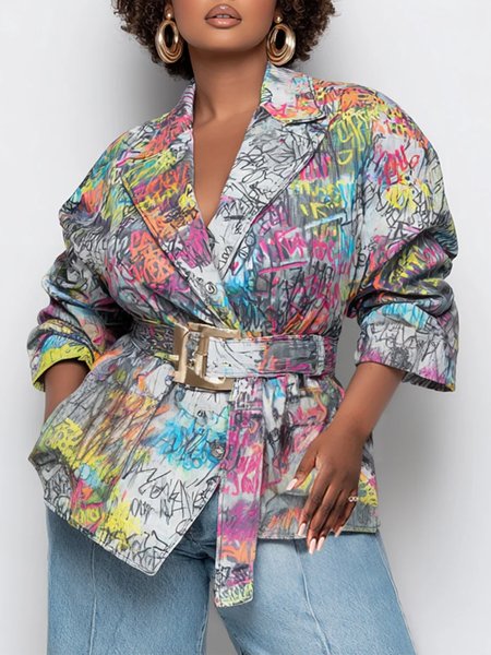 

Casual Printing Graffiti Lapel Collar Jacket With Belt, As picture, Jackets