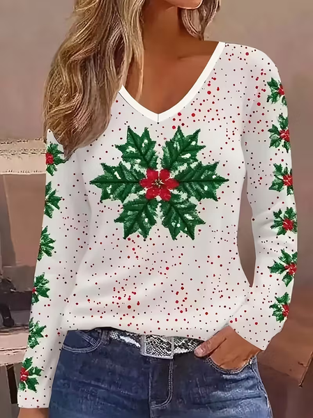 

Casual Christmas V Neck Long Sleeve T-shirt, White, T-shirts