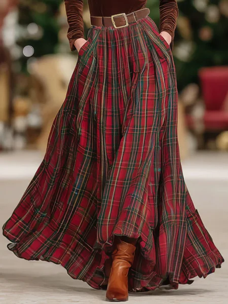 

Urban Printing Plaid Maxi Skirt No Belt, Red, Skirts