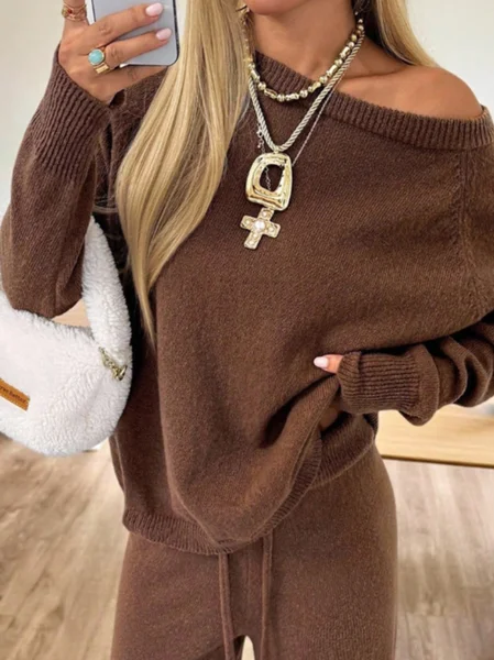 

Casual Plain Crew Neck Sweater, Brown, Pullovers
