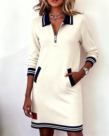 

Women Multicolor Block Spring/Fall Dress Shawl Collar Long Sleeve H-Line Dress, White, Dresses