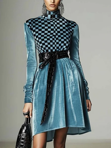 

Elegant Plaid Stand Collar Mini Dress With Belt, Blue, Midi Dresses