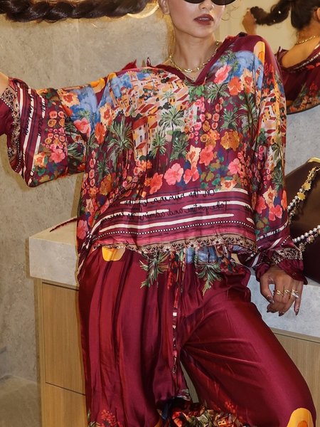 

Casual Floral Printing Shirt Collar Loosen Blouse, Red, Blouses and Shirts