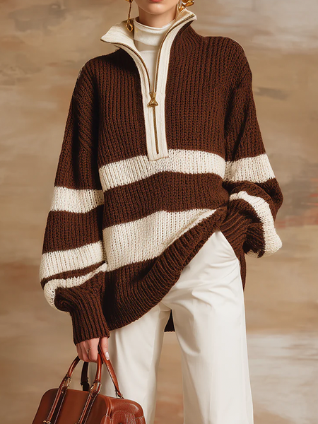 

Casual Color Block Stand Collar Sweater, Brown, Pullovers