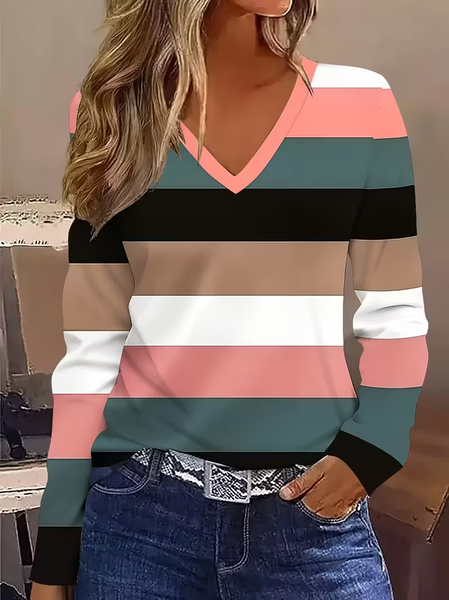 

Casual Striped V Neck Long Sleeve T-shirt, As picture, T-shirts