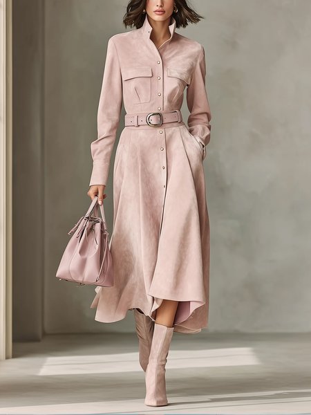 

Elegant Plain Pockets Shirt Collar Midi Dress With Belt, Pink, Midi Dresses