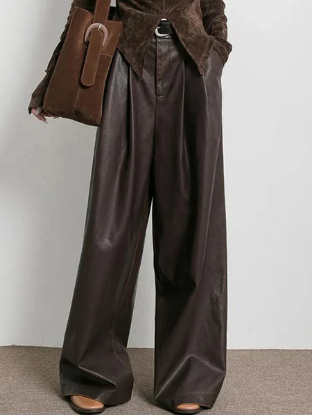 

Urban Plain Wide Leg Pants Faux Leather Pant Belt, Brown, Pants