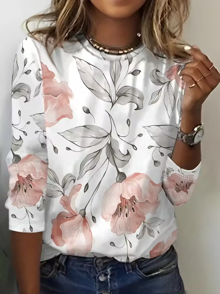 

Women Floral Long Sleeve Tee T-shirt Crew Neck Printing Casual Spring/Fall Graphic Tee Top, White, T-Shirts