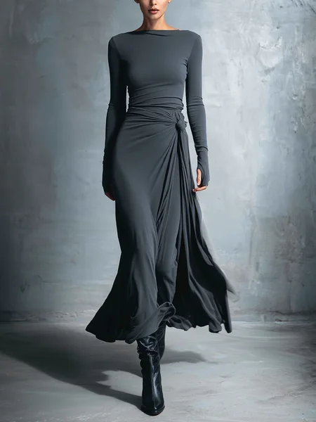 Urban Plain Knot Boat Neck Midi Dress