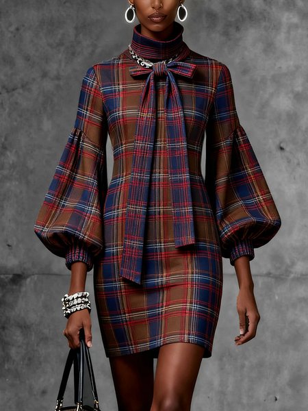 

Urban Plaid Lace-up Stand Collar Mini Dress Belt, Red, Mini Dresses