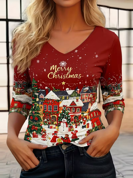

Women Christmas Snowman Long Sleeve Tee T-shirt V Neck Printing Casual Spring/Fall Graphic Tee Top, Red, T-Shirts