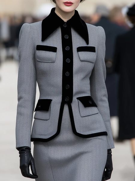 

Elegant Buttoned Color Block Jacket, Gray, Jackets