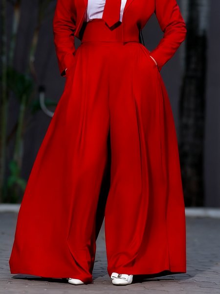 

Urban Plain Wide Leg Pants With Belt, Red, Pants