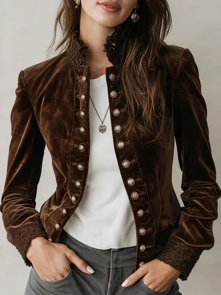 

Urban Buttoned Velvet Plain Stand Collar Jacket, Brown, Outerwear