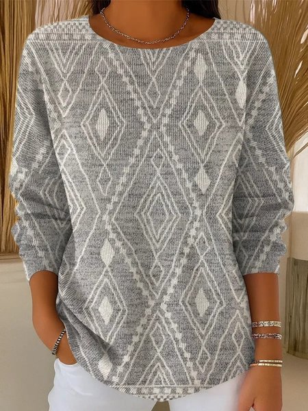 

Geometric Casual Loose Crew Neck Knit Top, Color2, Sweaters