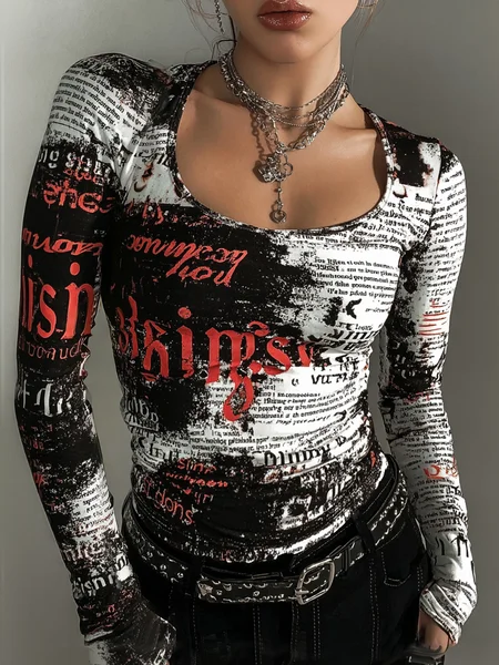 Urban Letter Pattern Printing Scoop Neck​ T-shirt