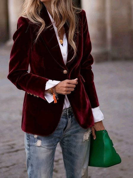

Women Plain Spring/Fall Outerwear Vintage Split Joint Long Sleeve Lapel Collar Regular Blazer, Wine red, Blazers