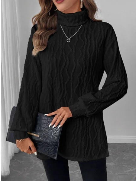 

Women Plain Long Sleeve Tee T-shirt Turtleneck Embossed Casual Spring/Fall Top, Black, T-Shirts