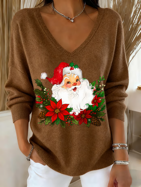 

Casual Santa Claus V Neck Long Sleeve T-shirt, Brown, Sweaters