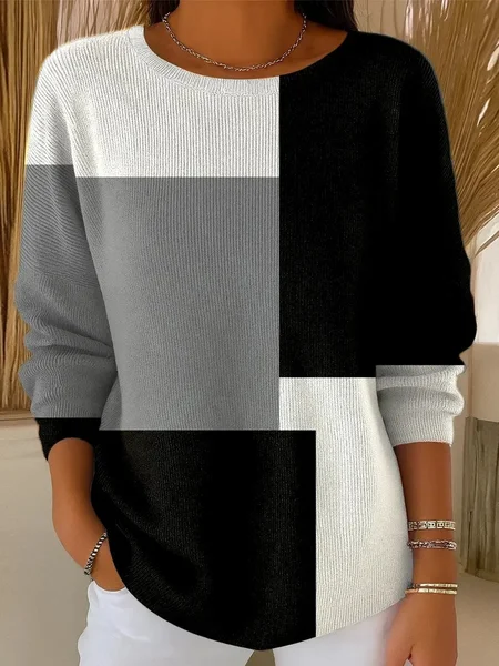 

Black And White Colorblock Simple Loose Crew Neck Knit Top, Black-white, Long Sleeves